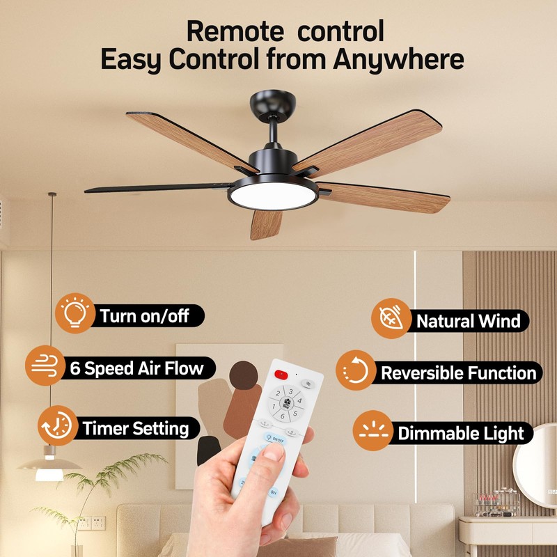 TALOYA 52 Inch Black Ceiling Fans with Lights Led Remote