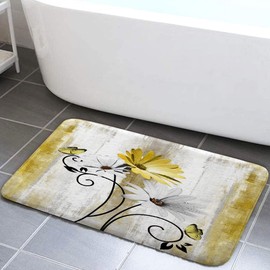 VeiVian Rustic Farmhouse Bath Mat, Farm Yellow Daisy Floral Flowers Butterfly Country Wooden Bath Rug for Bathroom, Grey White Bath Mat Soft Non Slip Bath Rugs, 19X31IN