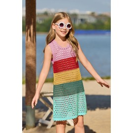 Haloumoning Girls Color Block Crochet Knit Swim Cover up Kids Summer Sleeveless Beach Dress 5-14 Years, Pink, 9-10 Years