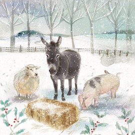 The Almanac Gallery Pack of 8 Charity Christmas Cards - 'Christmas Lunch' - Donkey, Sheep and Pig in the Snow - 8 Cards of 1 Design