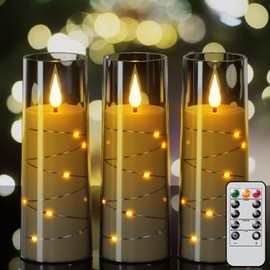 Lasumora Flameless Candles with Remote Timer, Embedded String Lights, Battery Operated LED Pillar Candles, Unbreakable Plexiglass, Set of 3, Black, 2.3" x 6"