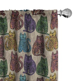 Ambesonne Tattoo Curtains, Colorful Vintage Cat Animal with Mandala Inspired Floral Motifs, Window Treatments 2 Panel Set for Living Room Bedroom, Pair of - 28" x 95", Beige Pink