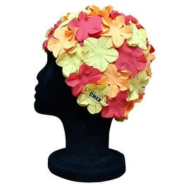 CHEX Anzio Thermal Rubber Floral Ladies Classic Retro 3D Flower Petal 3 Colour Stunning Vintage Style Swimming Hat Swim Cap Generous One Size Adults (Red/Orange/Yellow)
