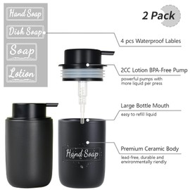 BosilunLife Black Soap Dispenser Set - 2 Pack 12oz Ceramic Dish Soap Dispenser with Rust Proof Pump for Kitchen, Hand Soap and Lotion Set Suitable for Farmhouse Bathroom Decor with Waterproof Labels