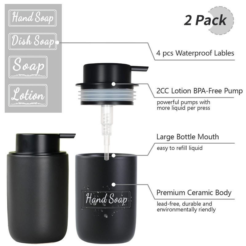 BosilunLife Black Soap Dispenser Set - 2 Pack 12oz Ceramic
