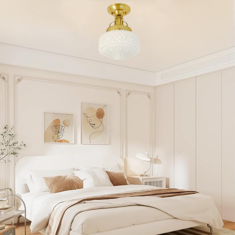 Bofea-Gold Semi Flush Mount Ceiling Light,Brass Vintage Flush Mounted Ceiling