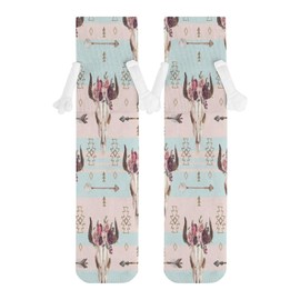 1 Pair Soft Socks White Holding Hands, Compression Knee High Stockings Long Athletic Circulation 16x3.9 in Print Tribal Cow Bull Head with Flowers Arrows Floral Pattern