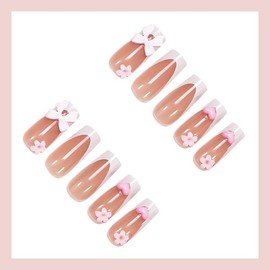 24Pcs Medium Press on Nails Square Shaped Fake Nails Nude Pink Stick on Nails French Tip False Nails with Bow & Flower Designs Heart Glue on Nails Cute Artificial Acrylic Nails for Women