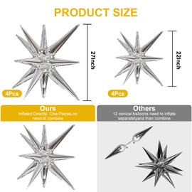 Rukinovi 8Pcs Starburst Balloons,Silver Fireworks Shape Foil 16 Pointed Star Balloons for Birthday Parties,Christmas Party,Bachelorette Party etc Decorations Supplies(27 & 22 inch) (A-silver)