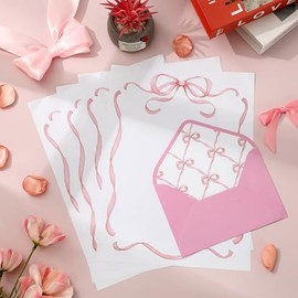 Whaline Juego de 60 papeles de papelería con lazo rosa, lindo nudo de lazo, papel de escritura con sobres para tarjetas de felicitación, invitación, i