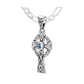 US Jewels Ladies 925 Sterling Silver Genuine Aquamarine March Birthstone Jewish 23mm Celtic Knot Cross Pendant 2.6mm Figaro Necklace, 24in