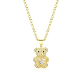 Street-Style 14K Gold Cuban Chain Necklace with Bear Charm Anti-Tarnish Hip-Hop Jewelry for Men & Women - Christmas Present
