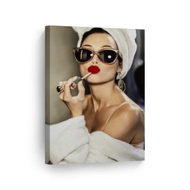 Smile Art Design Audrey Hepburn Style Red Velvet Lips Canvas Print Lipstick Makeup Iconic Pop Art Beauty Colored Wall Art Living Room Vintage Wall Decor Ready to Hang Made in USA - 17x11