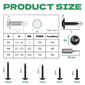 Jyvex Wood Screws Torx Black M3 x 12 Pack of 100 Stainless Steel A2 V2A Self-Tapping - Torx Flat Head Full Thread for Acoustic Panels, Wood and Metal