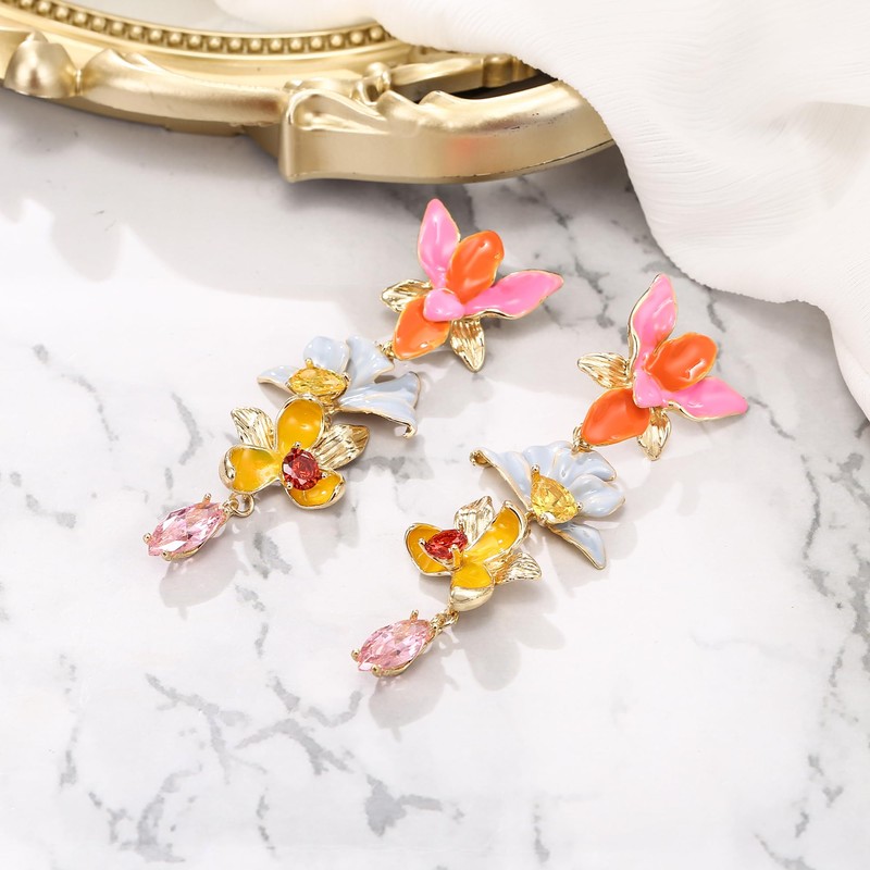 Clearine Blume Ohrringe Cubic Zirconia Marquise Emaille 3 Schichten Baumeln