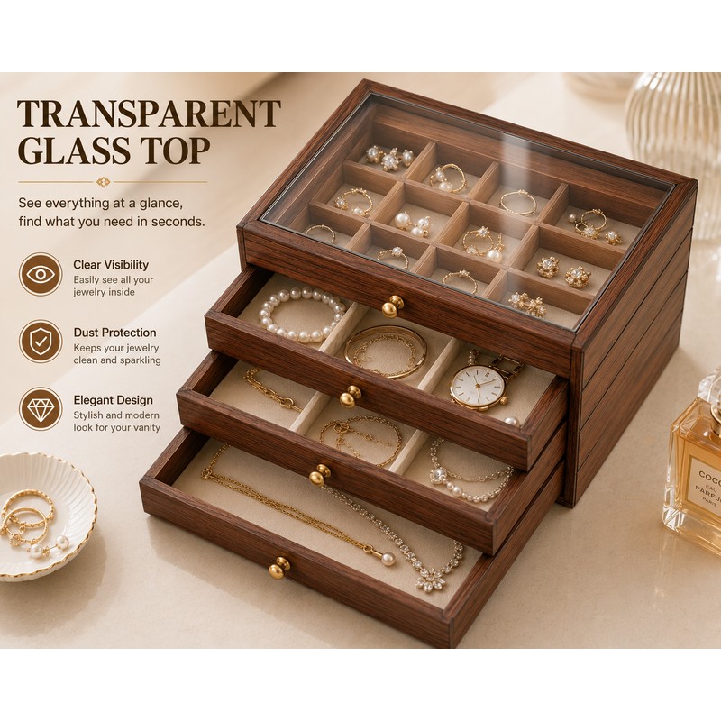 Wooden Jewelry Box Transparent Window Rings Necklace Storage Organizer Box