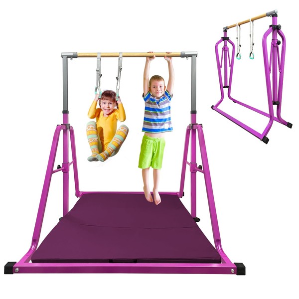 GLANT Gymnastics Bar for Kids with Swing Set, 8 Heights Adjustable Easy Folding Gymnastic Training Bar Kids Monkey Horizontal Bars - Max Load 300LBS (Purple-MAT)