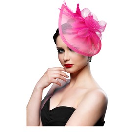 DRESHOW Fascinator Hats for Women Pillbox Hat with Veil Headband and a Forked Clip Tea Party Headpiece, 1 pc: 03 fm-deep pink