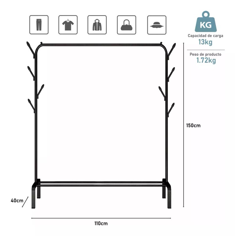 1Home Perchero Organizador Metálico Negro Para Ropa Y Accesorios