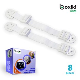 Adjustable Anti-Tip Furniture Anchor Set. 8 PC Baby Safety Wall Straps by Boxiki Kids. Earthquake Restraint Straps and TV Wall mounts. Baby Proofing (White)