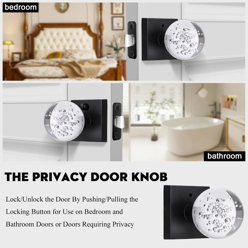 HIEMEY Glass Crystal Door Knobs Interior with Lock, Round Clear