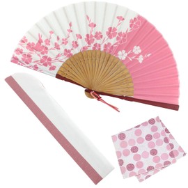 Osaka Chouseido Folding Fan, Women's, Fashionable, Business, Folding Fan Bag, Handkerchief Included, Nadeshi Rabbit, Pink