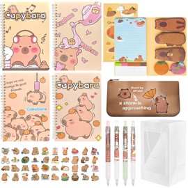 61 Pcs Capybara School Supplies Set Includes 550 Sheets Sticky Notes 4 A5 Notebooks 4 Pens 50 Capybara Stickers 1 Pencil Bag and 1 Gift Bag Cute Capybara Stationery Gift for School Office Party Favors