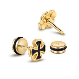 Gold Stainless Steel Cross Stud Earrings Black Enamel Punk Piercing Earrings for Men Hypoallergenic Gifts