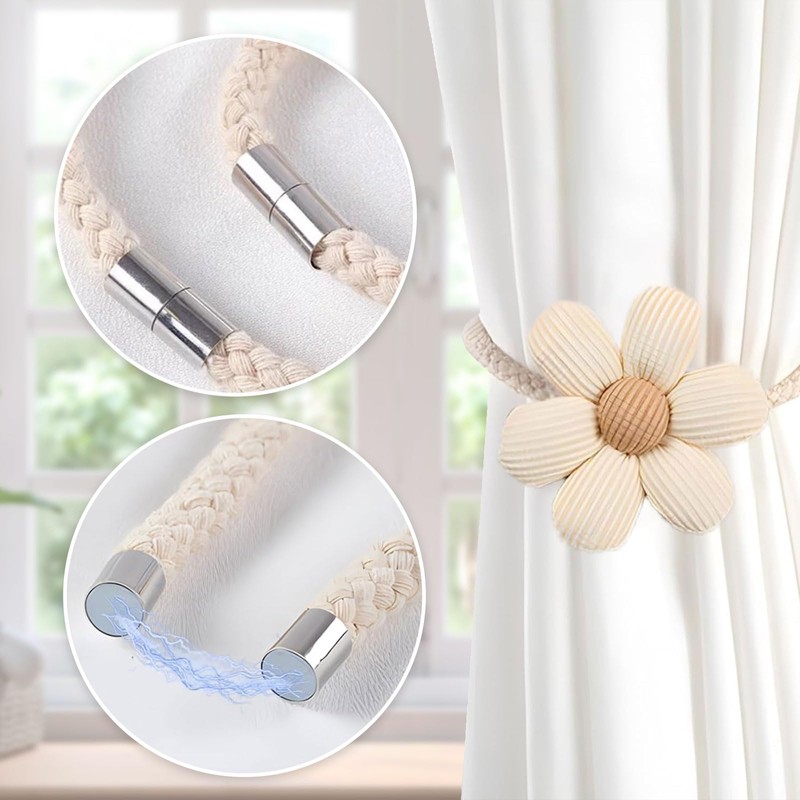 DEFIYEAR 2PCS Magnetic Curtain Tie Backs, Flower Shaped Curtain Binding