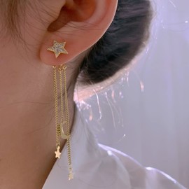 Dangle Stars Moon Tassel Front Back Stud Earrings Crystal CZ Crescent Moon Lucky Star Long Chain Drop Earring Cartilage Studs Dainty 14K Golden Plated 2 in 1 Jewelry Gifts for Women Christmas