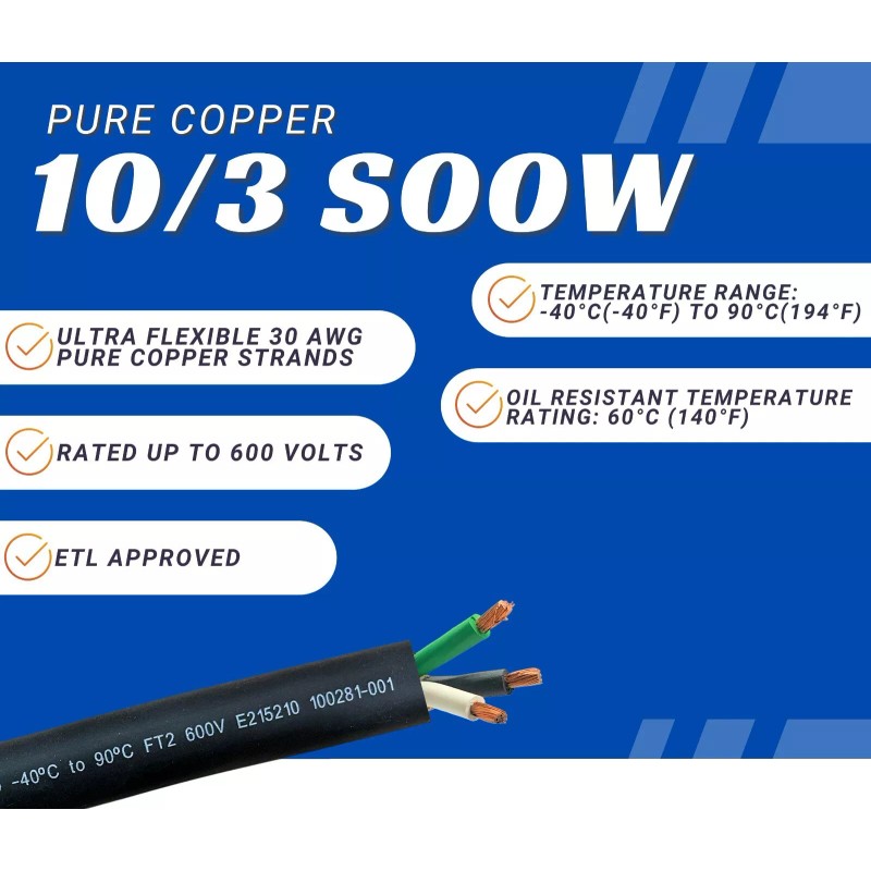 WindyNation 25 Ft. 10/3 10 AWG Gauge 3 Conductor SOOW
