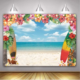 Summer Hawaii Beach Party Backdrop Aloha Party photo background Tropical Flowers Palm Trees Blue Sky Ocean Decor Banner Baby Shower Supplies (8X6FT)