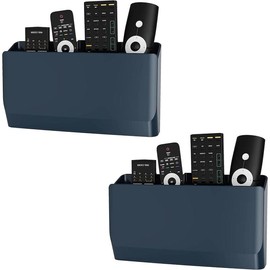Remote Control Holder Wall Mount, TV Remote Wall Holder Pocket, Bedside Shelf, 8 Inch Hole-Free, for 3 or 4 Media Controls (WMH002-B), 2 Pack, Navy - Color: White, Size: 5 inches