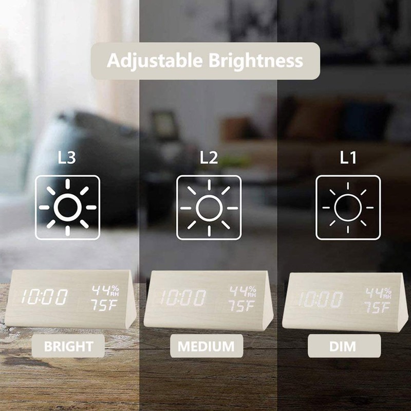 Digital Alarm Clock LED Display Sound Control Temperature Humidity Wood