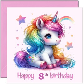 8th Birthday Card for Girls - Children's Pink Girls Rainbow Unicorn Bday Card for 8 Year old Kids eight, eighth