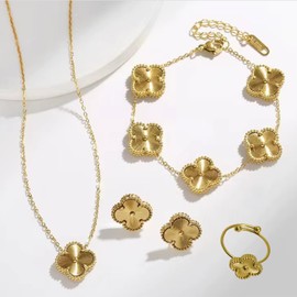 Juego de joyas de trebol, Set de regalo para mujer, Joyeria Mujer, Pulsera de Trebol, Accesorios para mujer, pulseras acero inoxidable, Regalo novia. (Dorado)