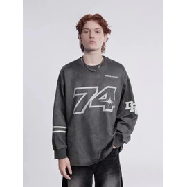 Evepaster Mens Oversized Sweatshirt Letter Print Vintage Crewneck Long Sleeve Loose Graphic Pullover Tops Unisex Streetwear Grey
