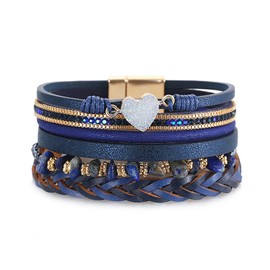 Blue Leather Bracelets for Women Trendy Stackable Sparkling Heart Bracelet Magnetic Wrap Bracelets Crystal Bead Bracelet Boho Bracelets Birthday Christmas Jewelry Gifts for Women Teens Girls