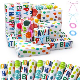 9 Sheets Birthday Wrapping Paper, Rainbow Wrapping Paper with 2 Rolls Ribbons, Children Birthday Gift Wrap Set for Kids Birthday Party