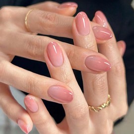 Ombre Press on Nails Medium Oval Fake Nails Pink False Nails Press ons with Design,Reusable Artificial Nails Glossy Full Cover Stick on Nails for Women Manicure 24 Pcs