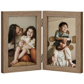 decorUhome Double 4x6 Picture Frame Vertical, Engineered Wood Bifold Photo Frame with Plexiglass for Tabletop Display, 4x6, Oak