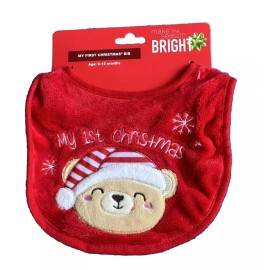 Make the Season Bright Red Christmas Teddy Bear Pattern Baby Bib “My 1st Christmas” New