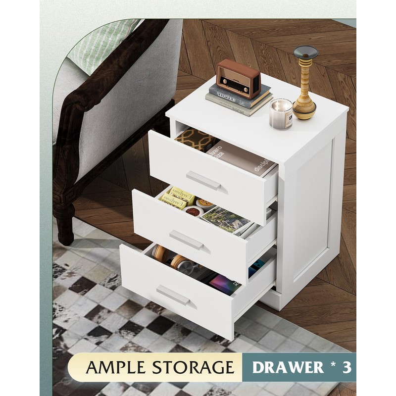 WLIVE White Night Stand with 3 Drawers, Small Nightstand with