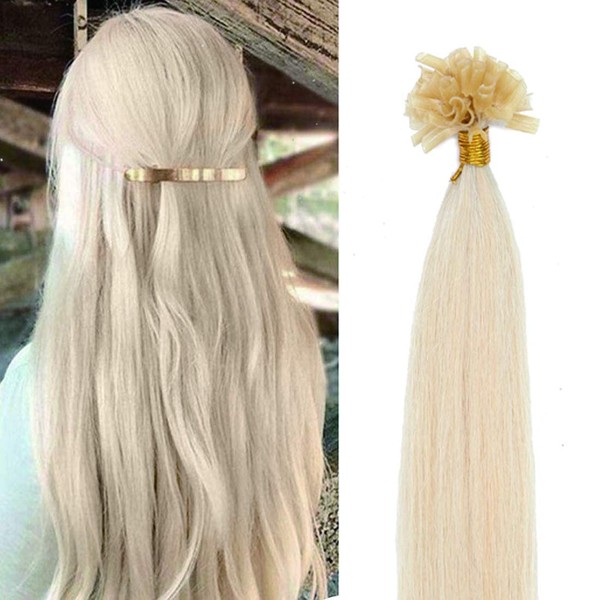 SEGO Pre Bonded U Tip Hair Extensions Human Hair Nail Tip Italian Keratin Fushion Hairpiece Utips Remy Hair Extensions For Women 100 Strands/Pack 50g 60# Platinum Blonde 20 Inch