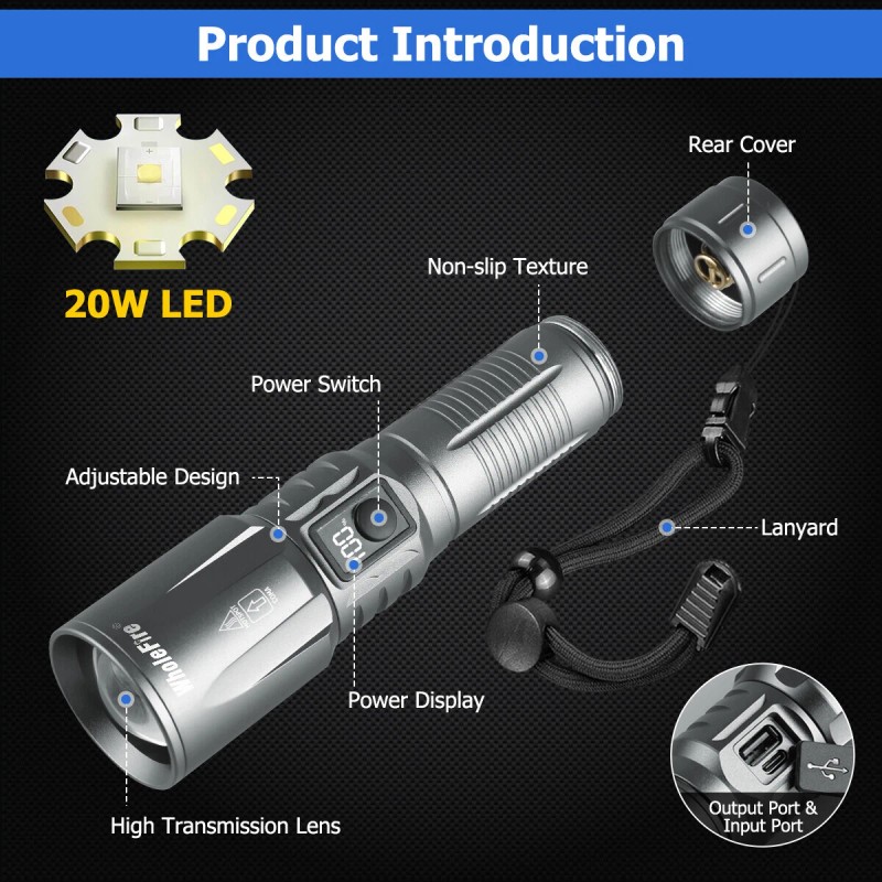 WholeFire 90000000Lumen Super Bright LED Tactical Flashlight Rechargeable LED Work