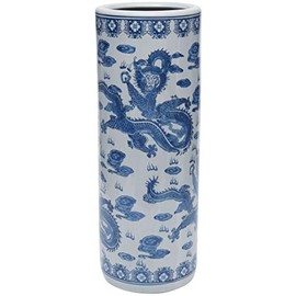 ORIENTAL Furniture 24"" Dragon Blue & White Porcelain Umbrella Stand
