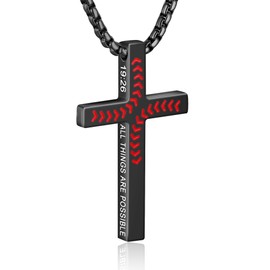 WINFY Baseball Cross Necklace for Boys Men Inspirational Christian Bible Verse Cross Pendant Stainless Steel Chain 20+2 inch Baseball Jewelry Religious Gift for Men(Black-19：26)