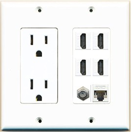RiteAV 15A Power Outlet 4 Port HDMI 1 x Cat5e Ethernet Coax Cable TV Wall Plate