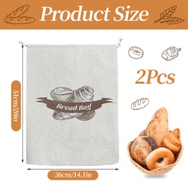 Linen Bread Bags, Pack of 2, 36 x 51 cm Bread Bag with TPU Inner Lining, Drawstring, Bread Bag, Linen Bag for Bread, Storage, Fresh, for Bread Storage
