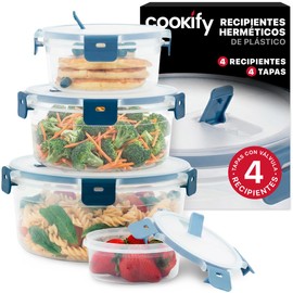 Set de Recipientes Apilables de Plástico para Alimentos con Tapas con Válvula, Aptos para Microondas, Sin BPA, Juego 4 Recipientes Redondos (8 piezas)